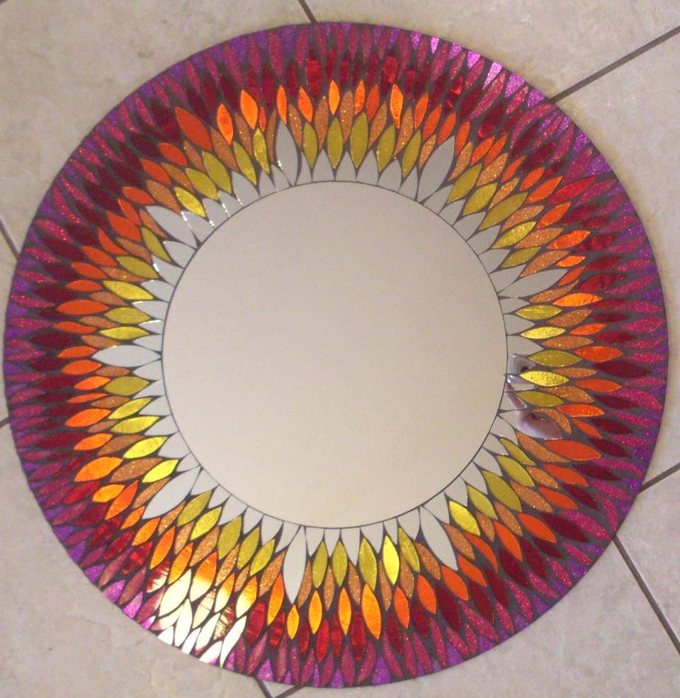 PRICE Reduction ...Red and Yellow Mosaic Mirror SUNFlower Large Round Handmade Glitter