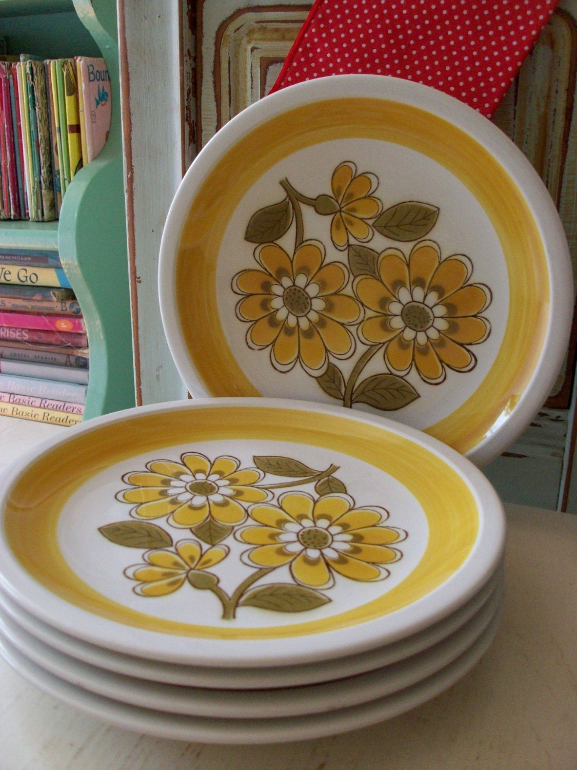 set of five adorable little yellow flower plates