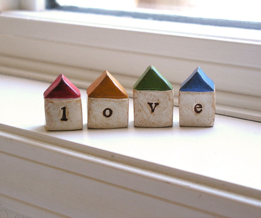 Birthday gift  ... LOVE...Four handmade polymer clay houses ... Word Houses ... little neighborhood - SkyeArt
