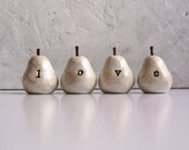 Birthday gift ... LOVE ...Four handmade polymer clay pears ... Word Pears, white
