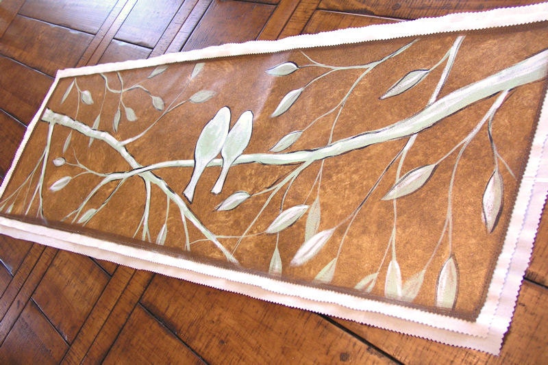 Christmas gift ... Woodland rustic painted table runner...Unique and one of a kind ... Great gift ... Abstract Birds and Leaves