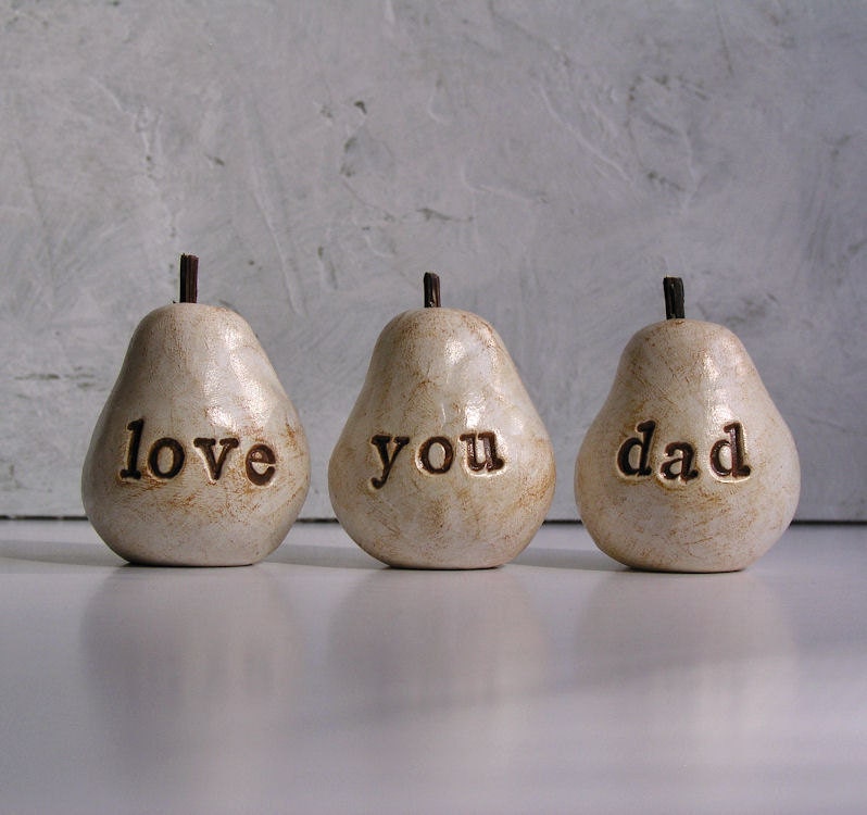 Fathers Day gift for dad ... love you dad ...Three handmade decorative polymer clay pears ... 3 Word Pears, white