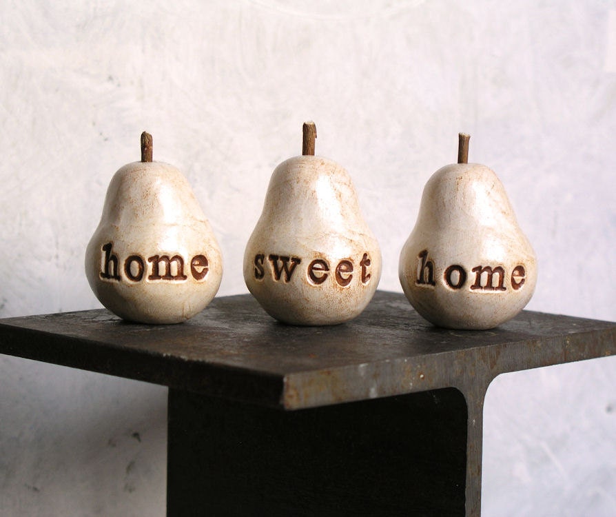 Housewarming gift ... home sweet home ...Three handmade decorative polymer clay pears ... 3 Word Pears, white