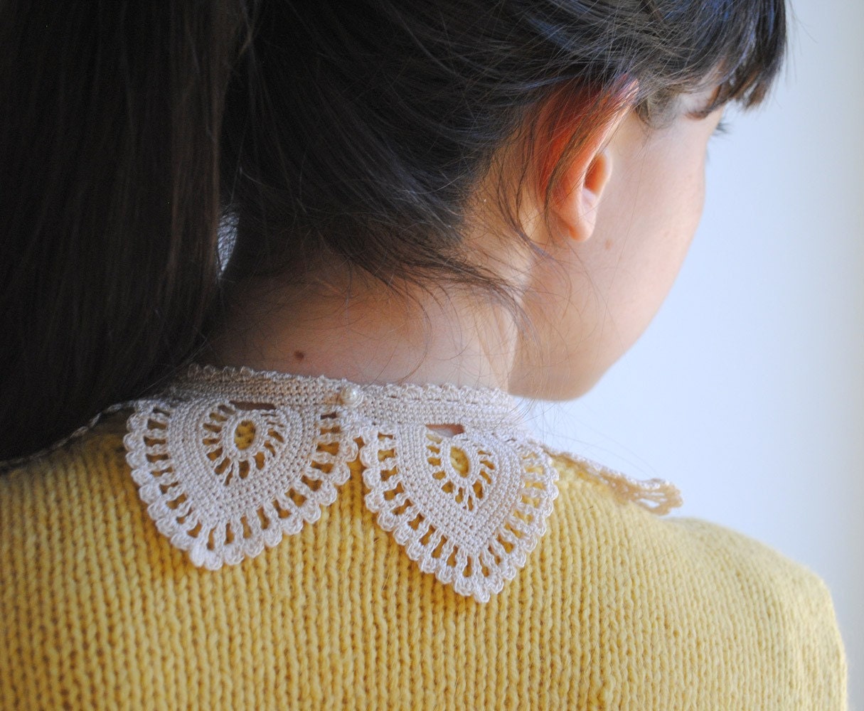 Crochet Lacelike Shirt Collar Ecru White Cotton Fashion Custom Made