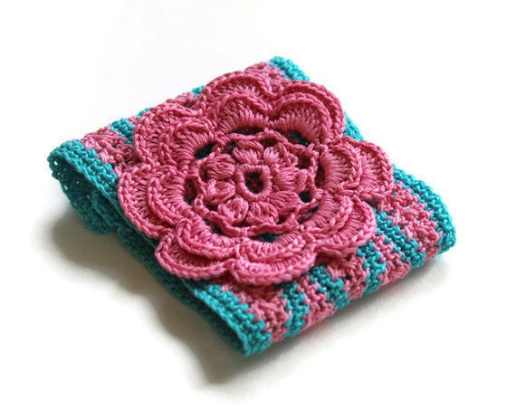 Crochet Cuff - Boho Chic  Bright Turquoise and Pink - Girly