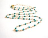 Green Turquoise Rosary Necklace - Gold - Sea Green - Wire Wrapped - Dainty Necklace