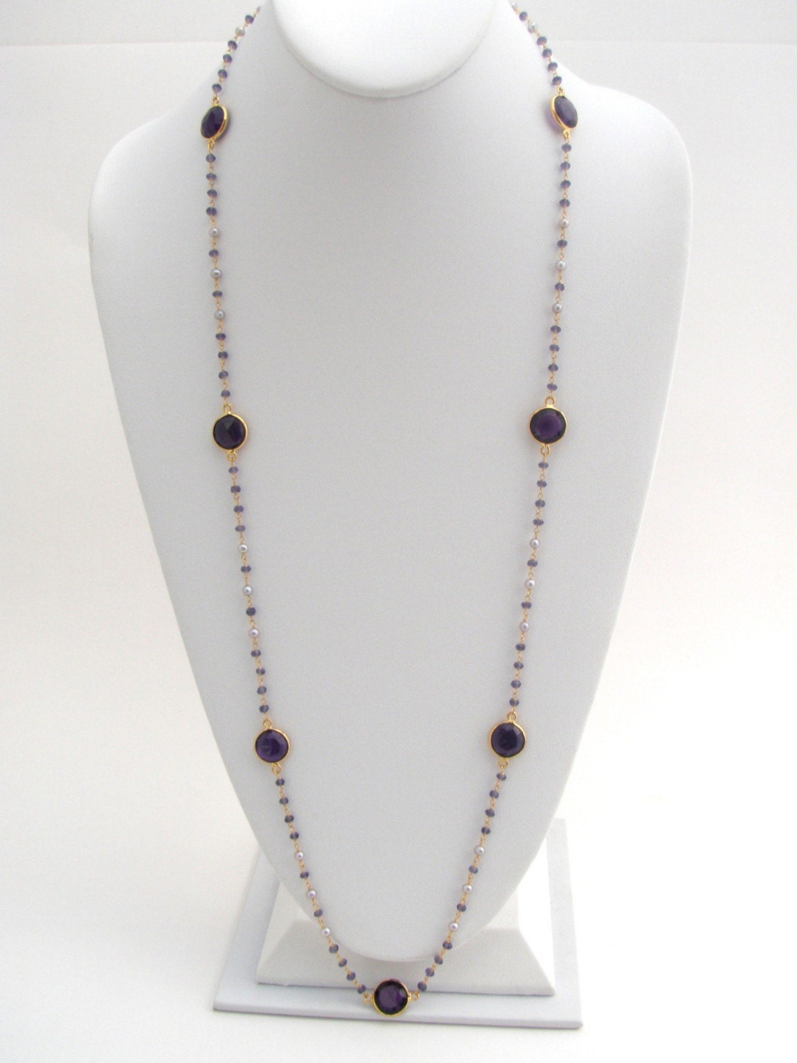 Amethyst And Pearl Rosary Necklace Set - 33 Inches - Purple - White - Gold - Long Necklace