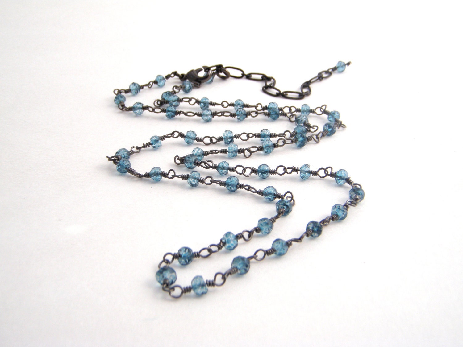 London Blue Topaz Quartz Strand Necklace, Rosary Style, Oxidized Sterling Silver, Ocean Blue, Black, Wire Wrapped