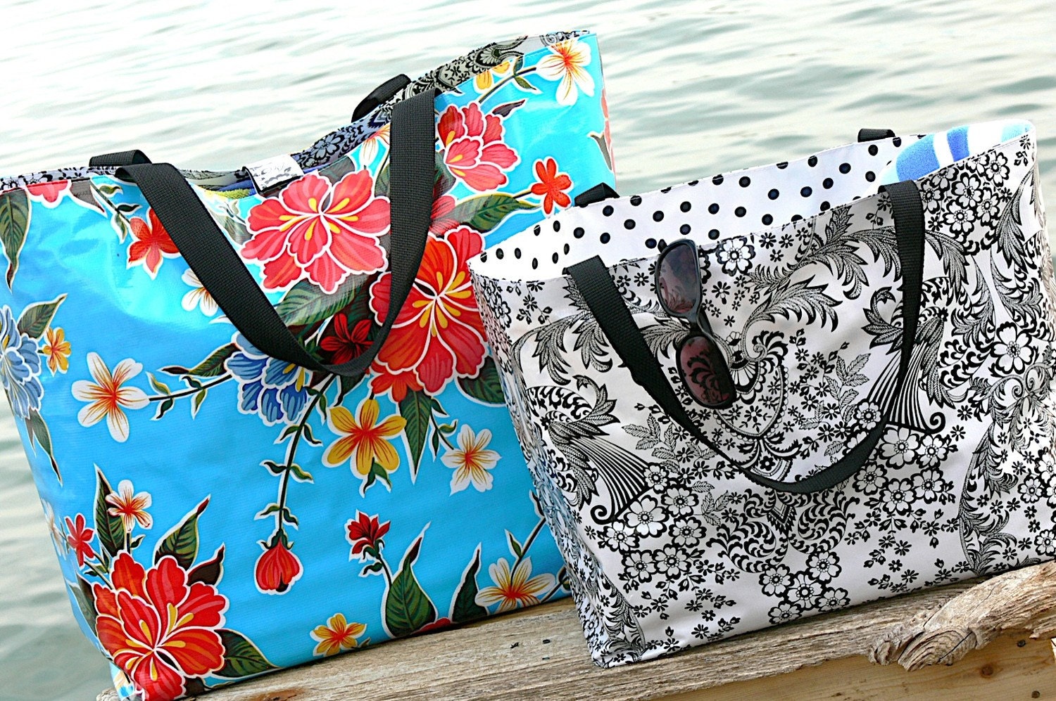 Extra Large Reversible Lined Oilcloth Tote Bag Beach