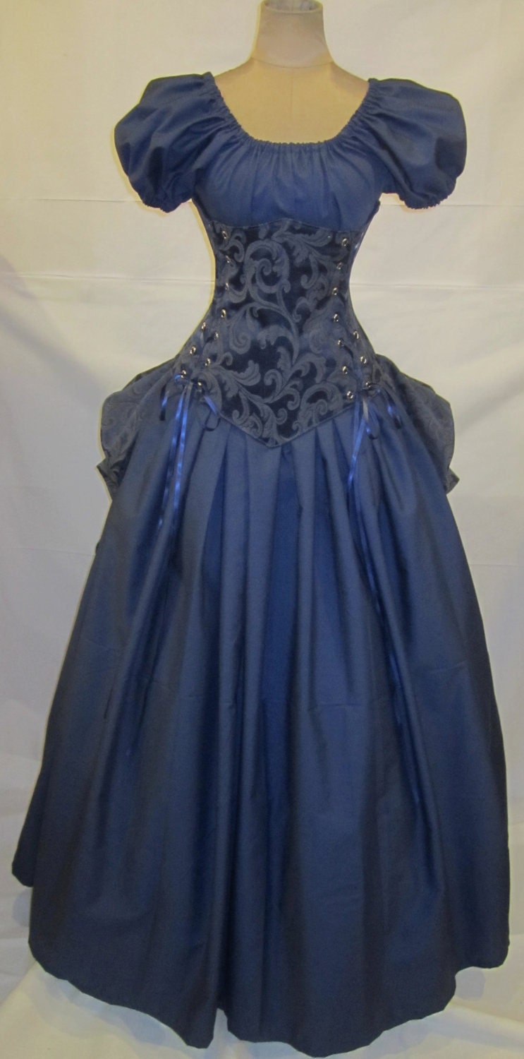 Lady Arabella - Custom Size - Blue Brocade Corset, Puff Sleeve Top, Skirt, and Add-A-Bustle by LoriAnn