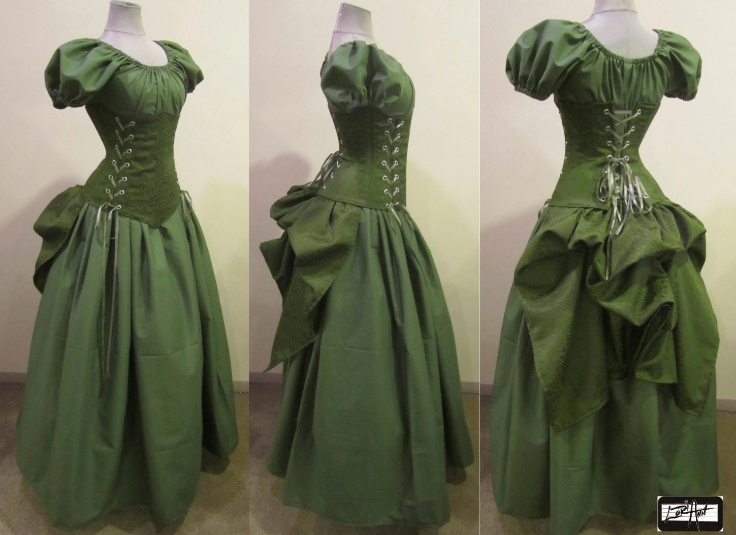 Lady Ophelia - Custom Size - Olive Brocade Corset, Puff Sleeve Top, Skirt, and Add-A-Bustle by LoriAnn