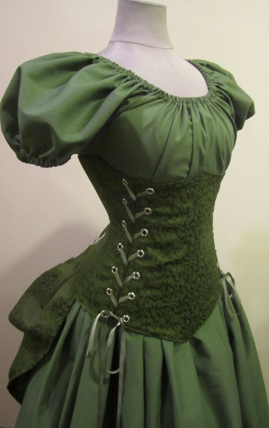Lady Ophelia - Custom Size - Olive Brocade Corset, Puff Sleeve Top, Skirt, and Add-A-Bustle by LoriAnn
