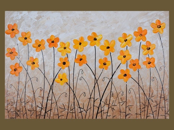 36" Original Modern Abstract Heavy Texture Palette Knife Gallery Canvas Painting Flower Landscape Wall Decor "Yellow Poppies"