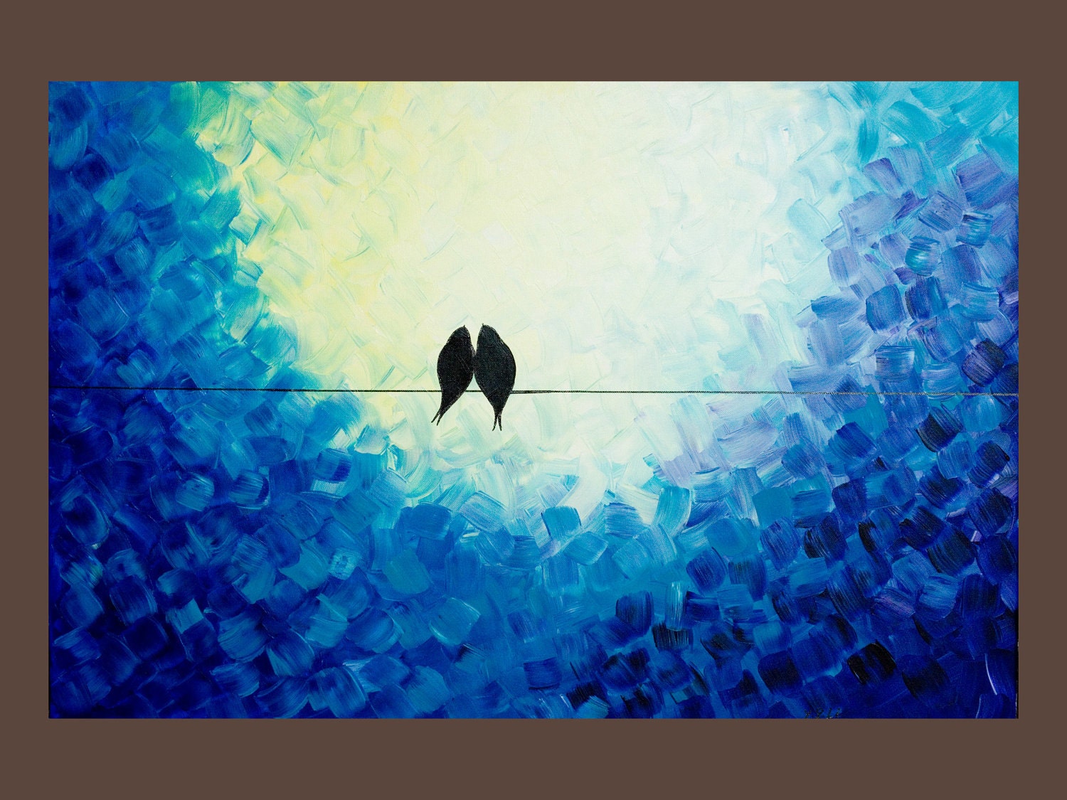 36x24 Original Modern Abstract Heavy Texture Impasto Painting Birds Landscape Wall Decor "I Love You" by QIQIGALLERY