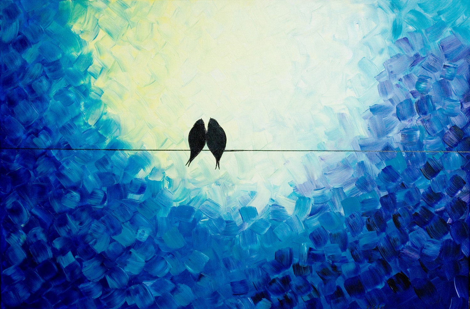 36x24 Original Modern Abstract Heavy Texture Impasto Painting Birds Landscape Wall Decor "I Love You" by QIQIGALLERY