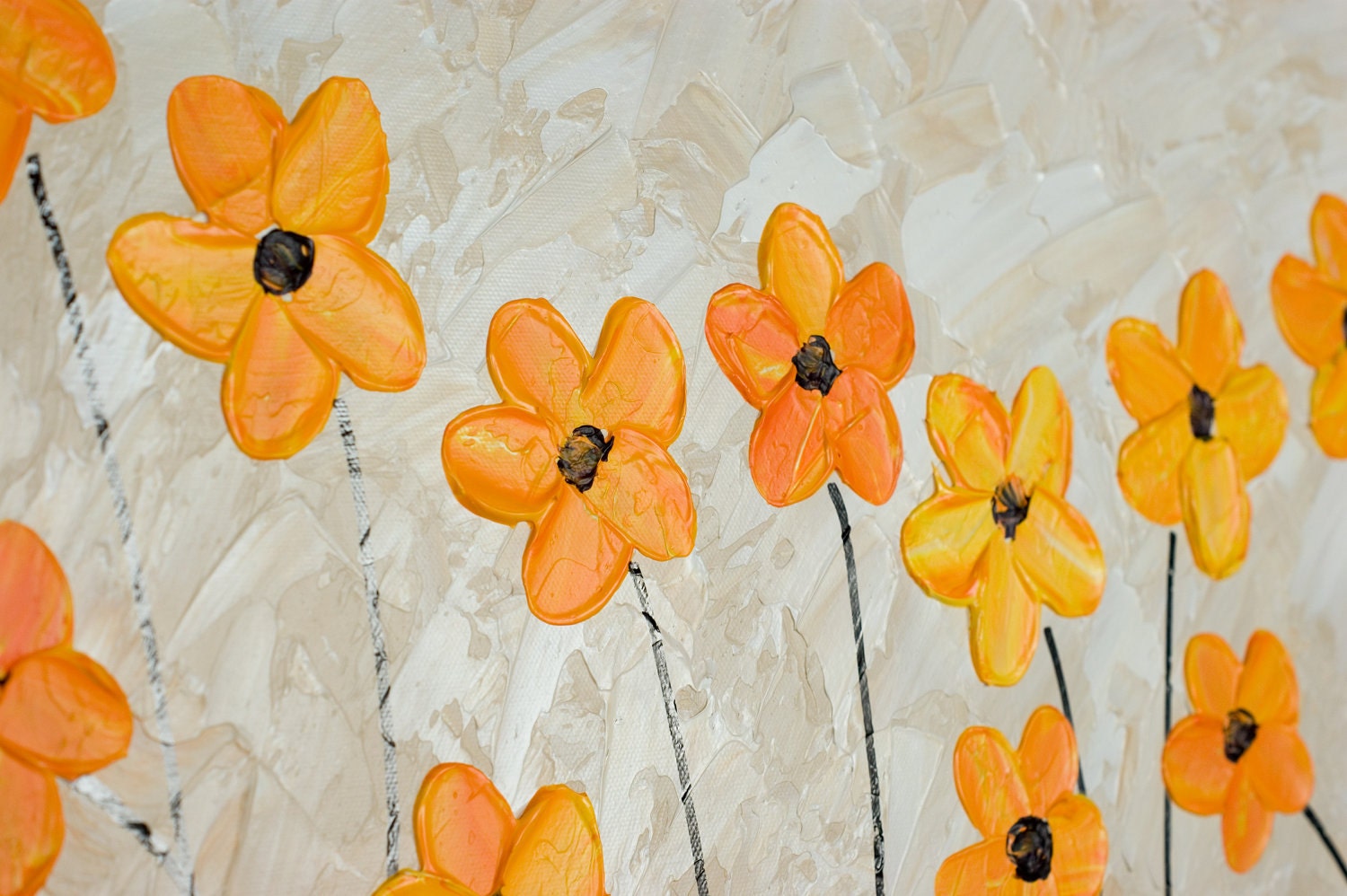 36" Original Modern Abstract Heavy Texture Palette Knife Gallery Canvas Painting Flower Landscape Wall Decor "Yellow Poppies"
