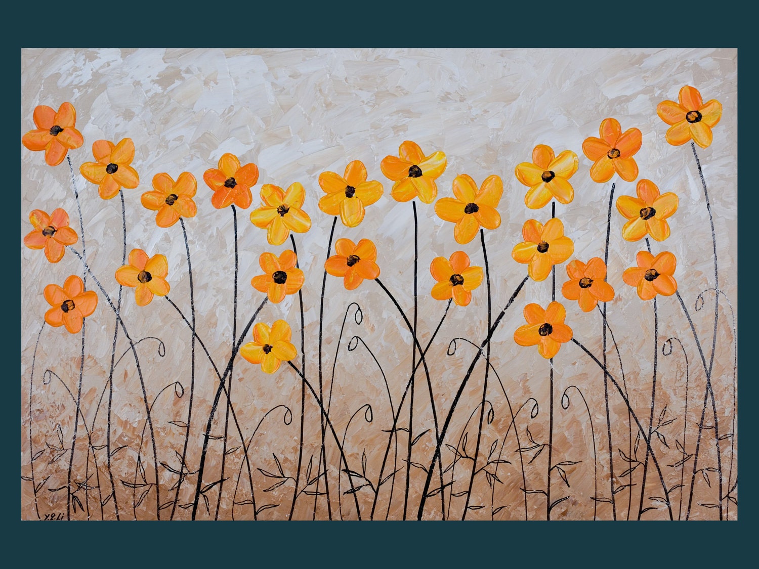 36" Original Modern Abstract Heavy Texture Palette Knife Gallery Canvas Painting Flower Landscape Wall Decor "Yellow Poppies"
