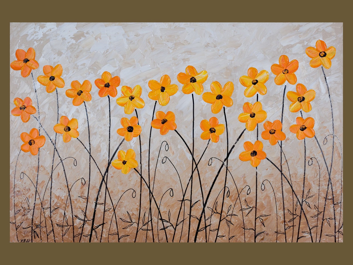 36" Original Modern Abstract Heavy Texture Palette Knife Gallery Canvas Painting Flower Landscape Wall Decor "Yellow Poppies"