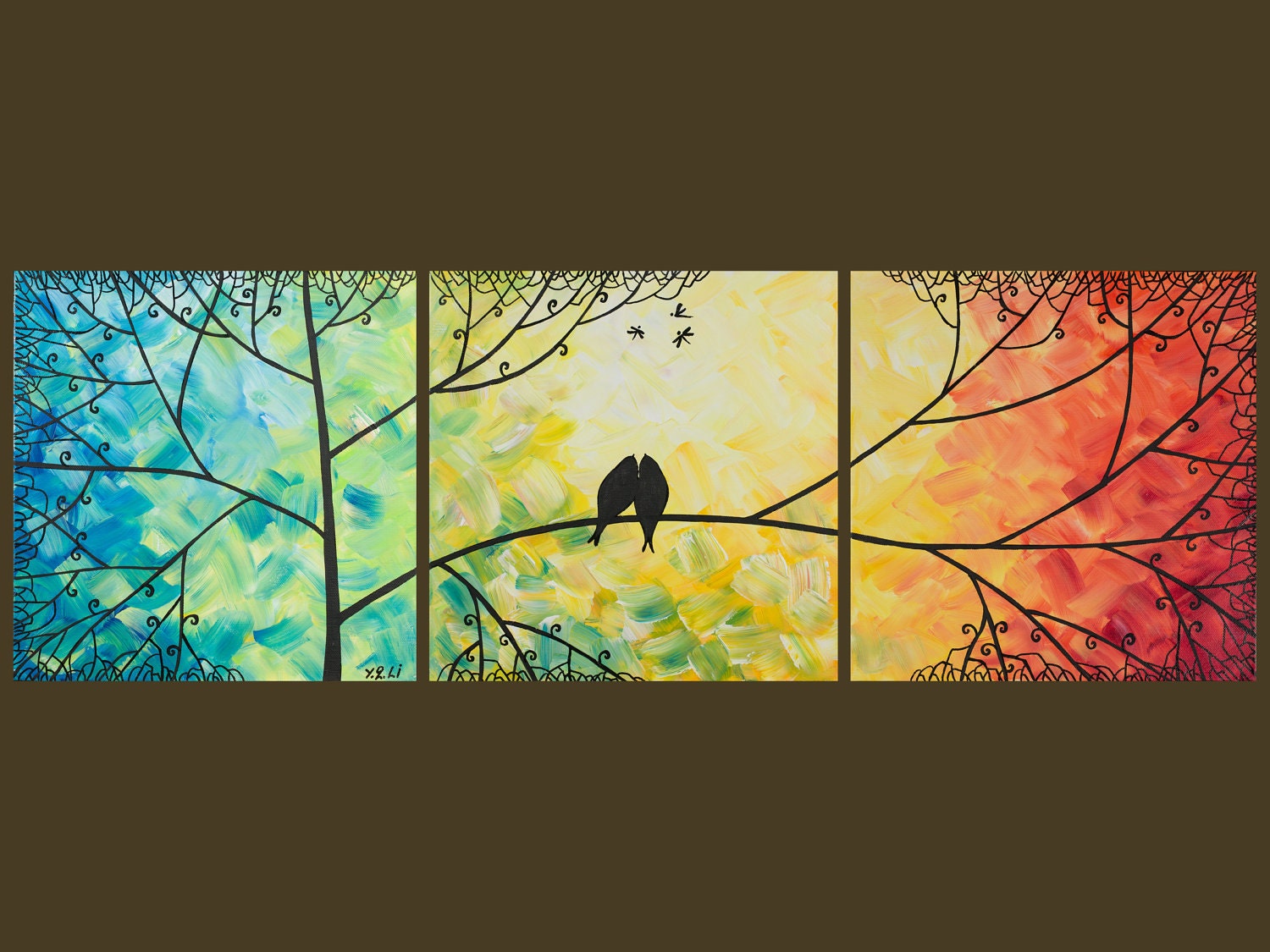 Original Modern Abstract Heavy Texture Impasto Love Birds Dragonfly Tree Branches Landscape Wall Décor Painting "Looking Up" by QIQIGALLERY