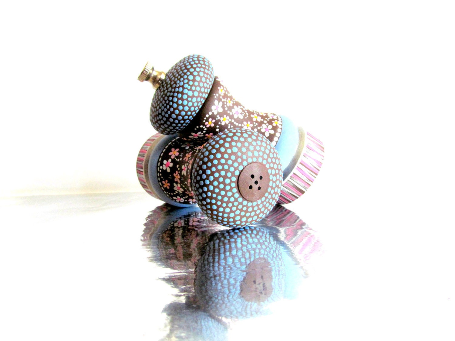 Flowers: Blue and Pink Hand painted Salt Shaker and Pepper Mill