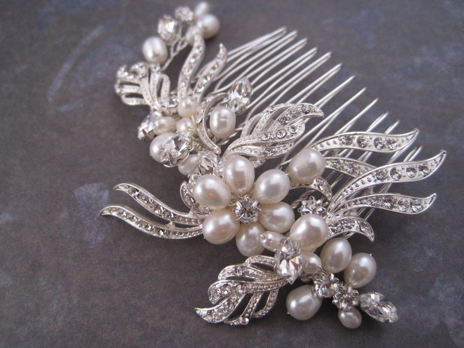 Wedding Hair Comb Silver metal pearl and rhinestone wire wrapped