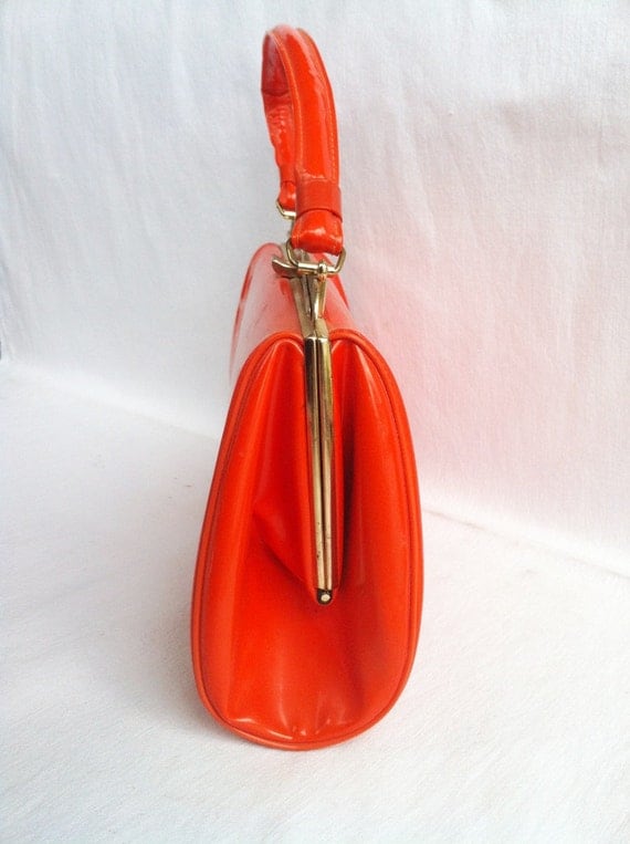 Unique shiny orange patent vinyl frame style handbag with black satin lining and gold clasp, vintage 1960's  - Free Shipping