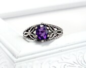 Celtic Knot Ring: Amethyst and Sterling Silver - six prong 7x5mm oval, vintage silver setting, rope knot pattern, custom size