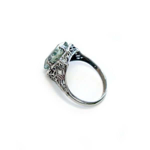 Avalon Ring: Green Amethyst and Sterling Silver - victorian filigree, prasiolite, gemstone, 10x8 emerald cut, antique engagement
