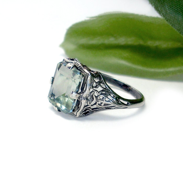 Avalon Ring: Green Amethyst and Sterling Silver - victorian filigree, prasiolite, gemstone, 10x8 emerald cut, antique engagement