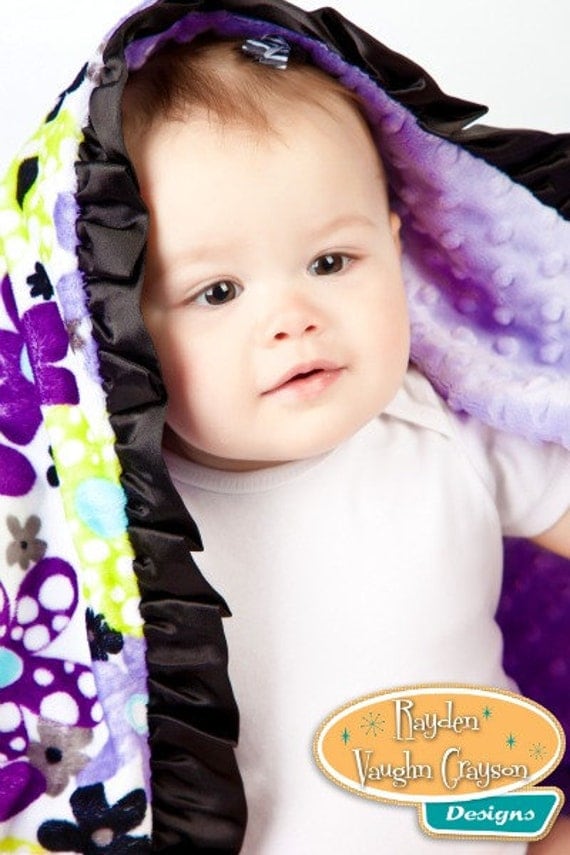 Plush Minky Baby Blanket Lovey Purple Posies with Satin Ruffles Il_570xn