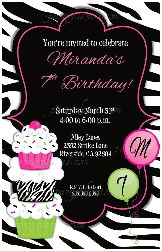 Set of 20 Zebra Prints and Cupcakes Birthday Party Invitations Custom Il_570xn