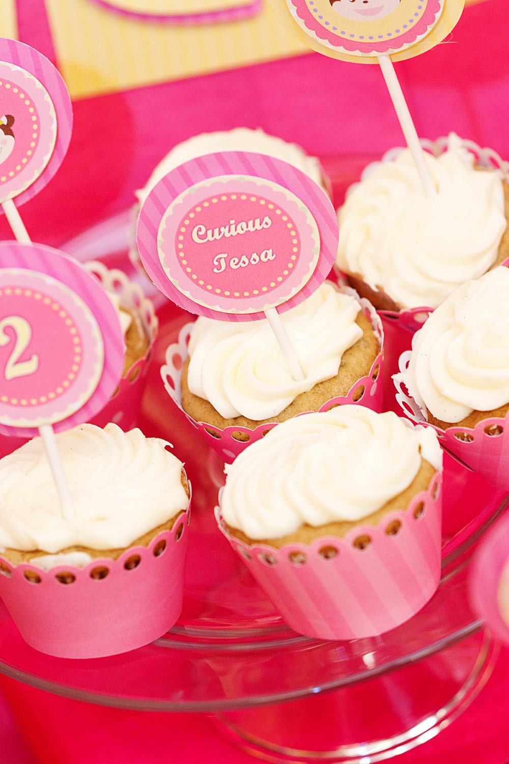 Set of 12 Cupcake Toppers Curious Monkey Girl Birthday Party