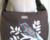 Heather Brown SLING MESSENGER with Floral Bird and White Branch