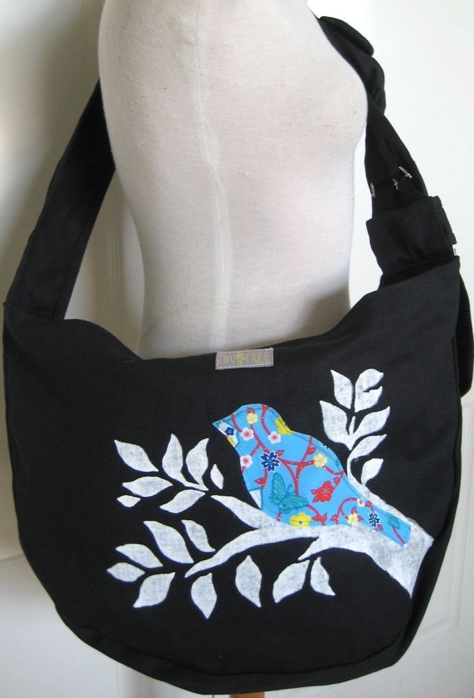 Black SLING MESSENGER Bag w/Retro Blue Print Bird and WHITE Branch
