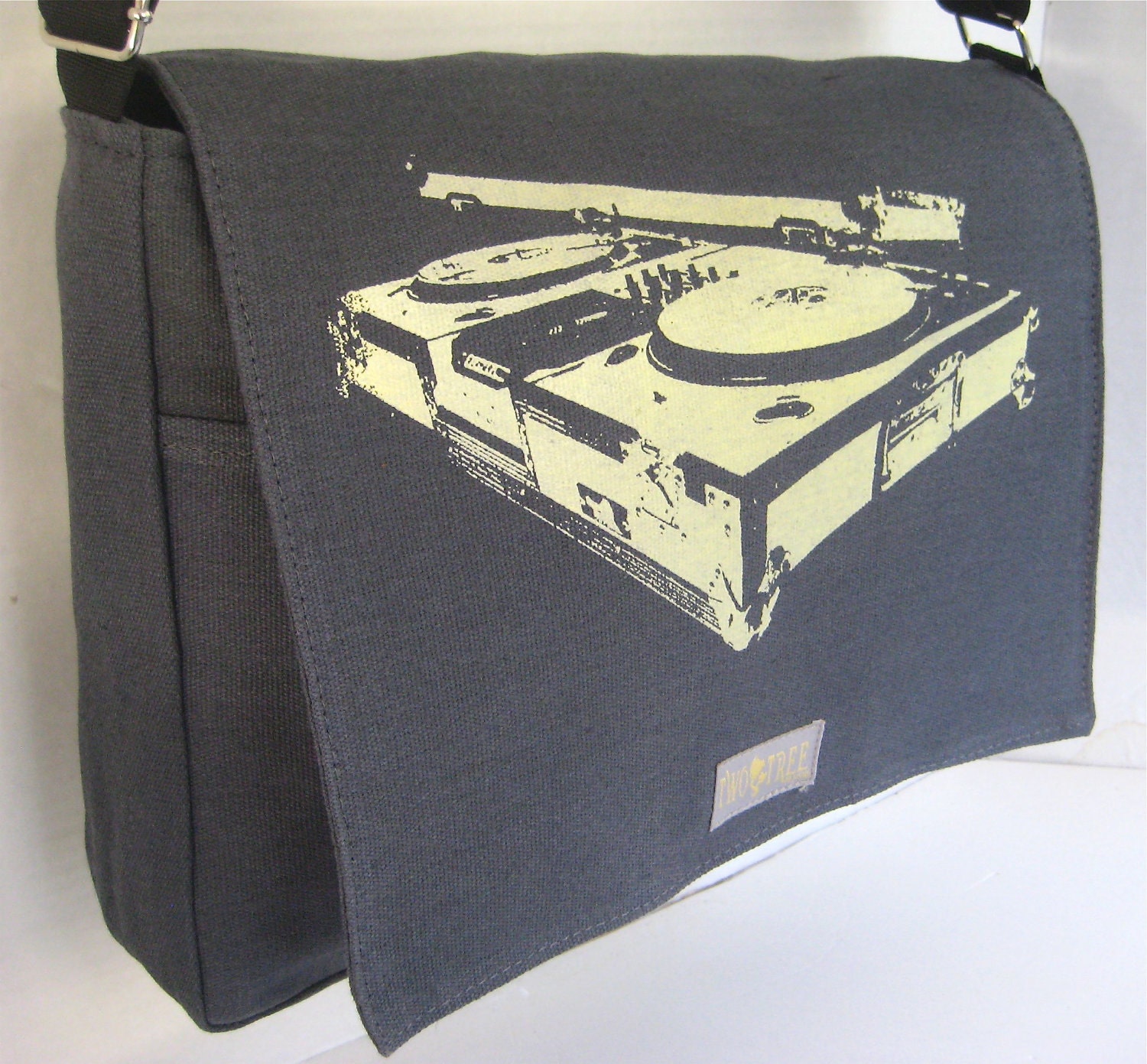 Blue Grey Vintage/Retro Inspired Turntable Print MESSENGER Book Laptop Diaper Bag