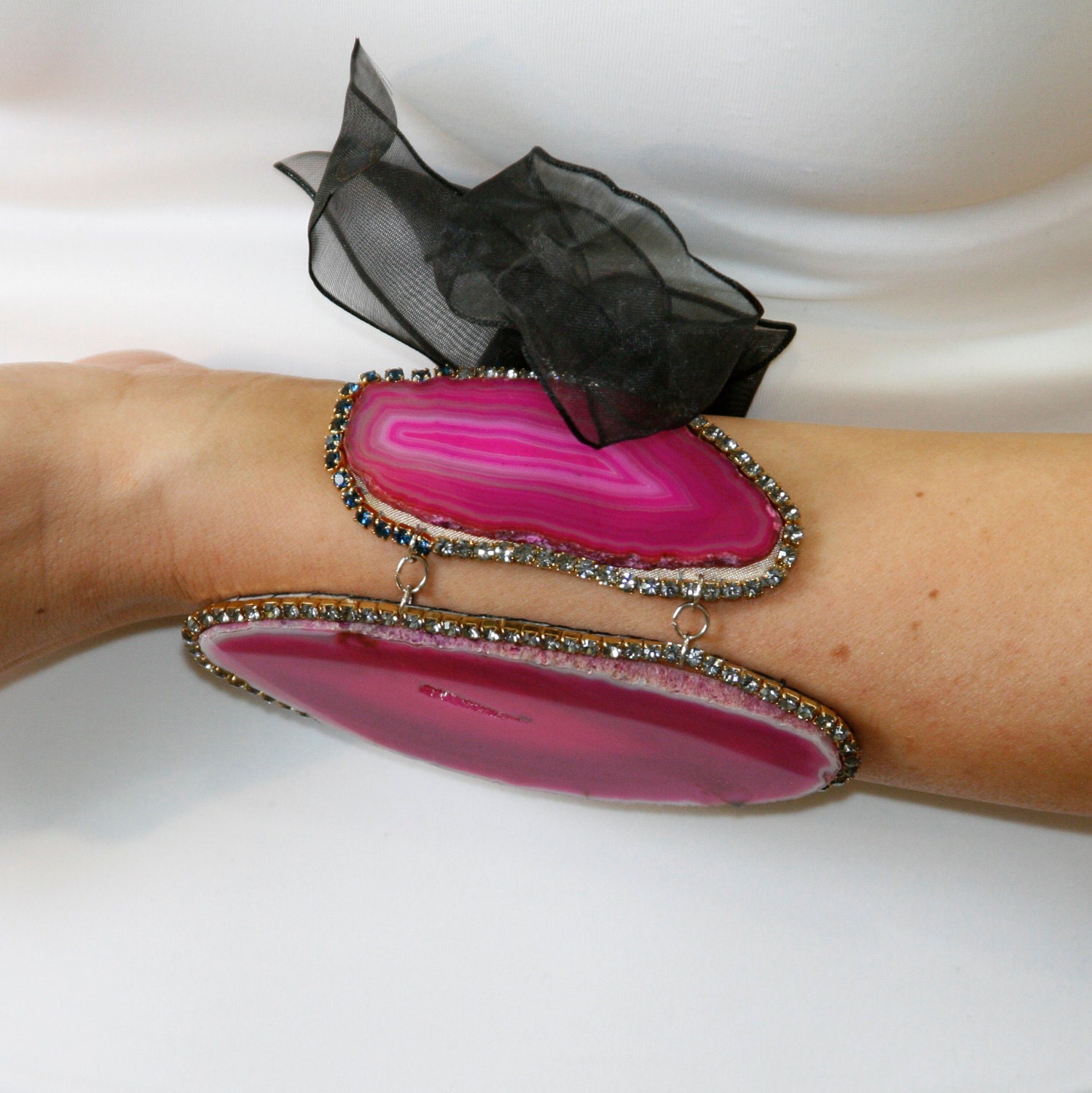 Statement Cuff Hot pink agate and crystals statement tie back bracelet Statement jewelry by Ezzaexclusive