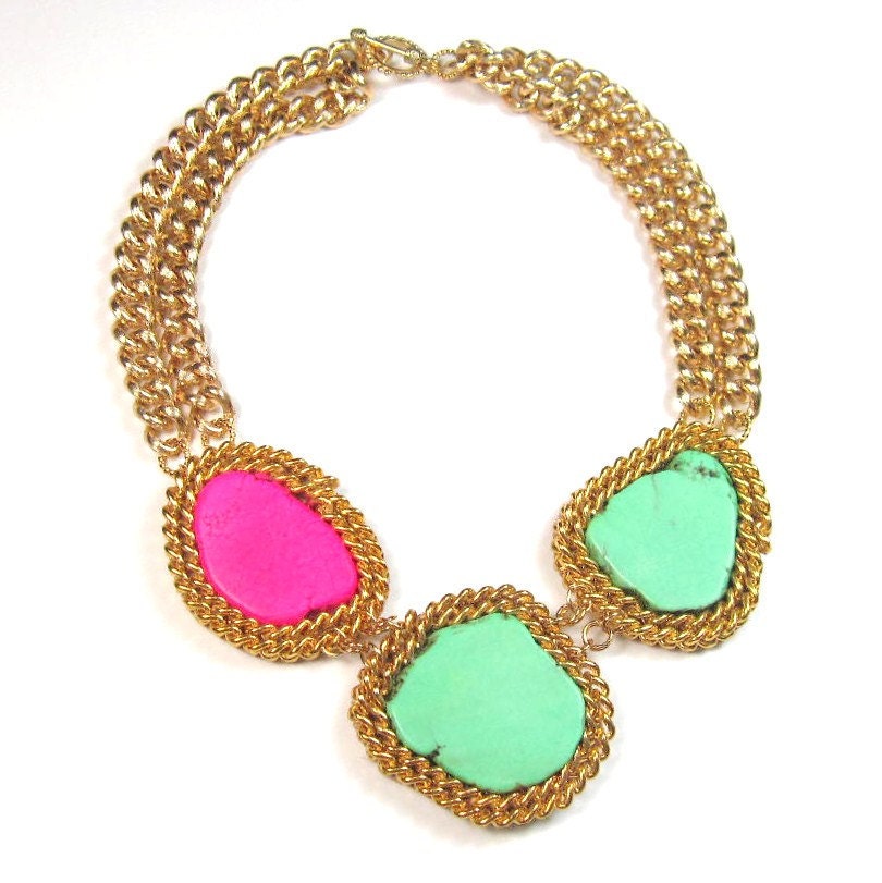 Statement necklace colorblock turquoise pink and green turquoise and gold chain statement necklace