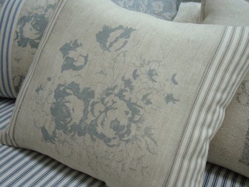 PaRiS CaBBaGe RoSeS FrencH Natural Linen Cottage Shabby Chic Carmel Ticking 16"  PiLLow