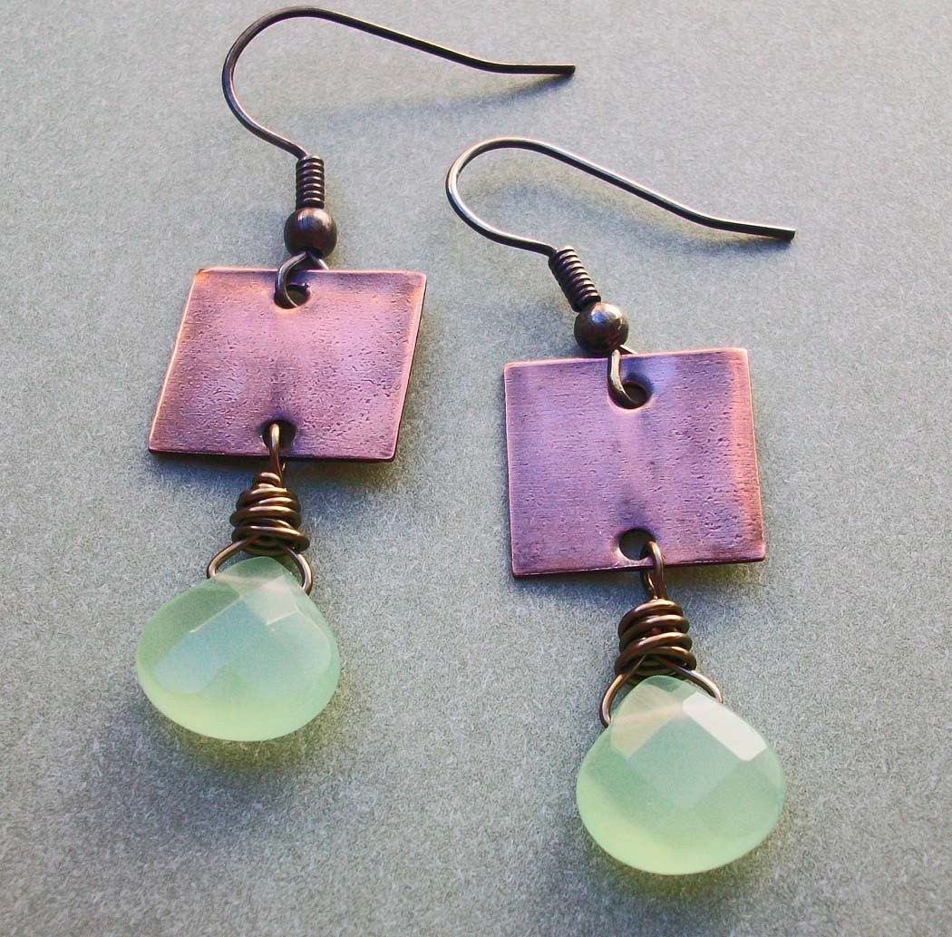 Copper and Apples- Chalcedony Earrings - Metal Earrings - E99