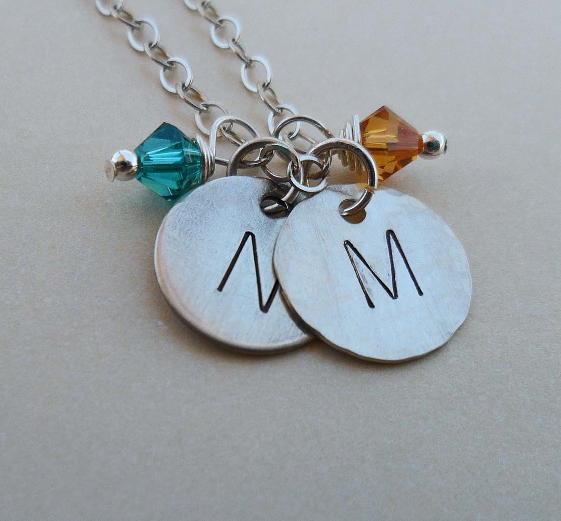 Personalized Two Initial and Birthstone Custom Necklace- Hand Stamped Pendants - S 21