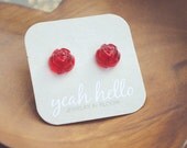 ruby red rosebud flower earrings by yeahhello