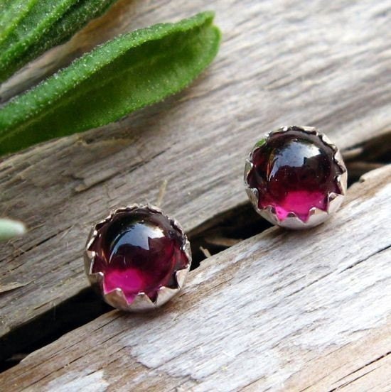 Almandite Garnet Stud Earrings, Sterling Silver and Genuine Gemstones, 4mm