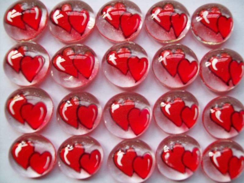 HANDPAINTED GLASS GEMS PARTY FAVORS WEDDING DOUBLE WEDDING HEARTS CORAL RED