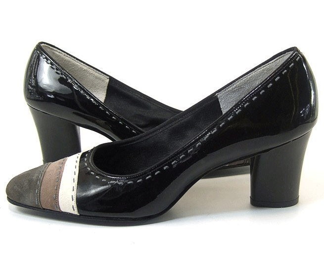 Vintage Shoes Patent Leather Black White Gray Suede High Heel Pumps 7