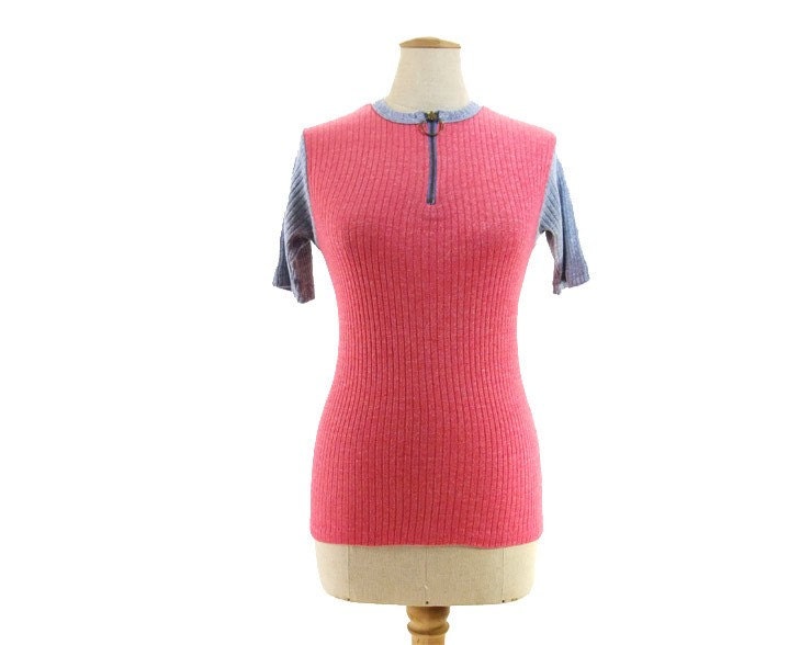 Vintage Tee Shirt Rib Knit Pink Blue 70s Metal Pull Ring Zipper Small