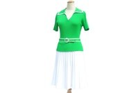 Vintage 60s Dress Green White Stretch Knit Pleat Belt Medium