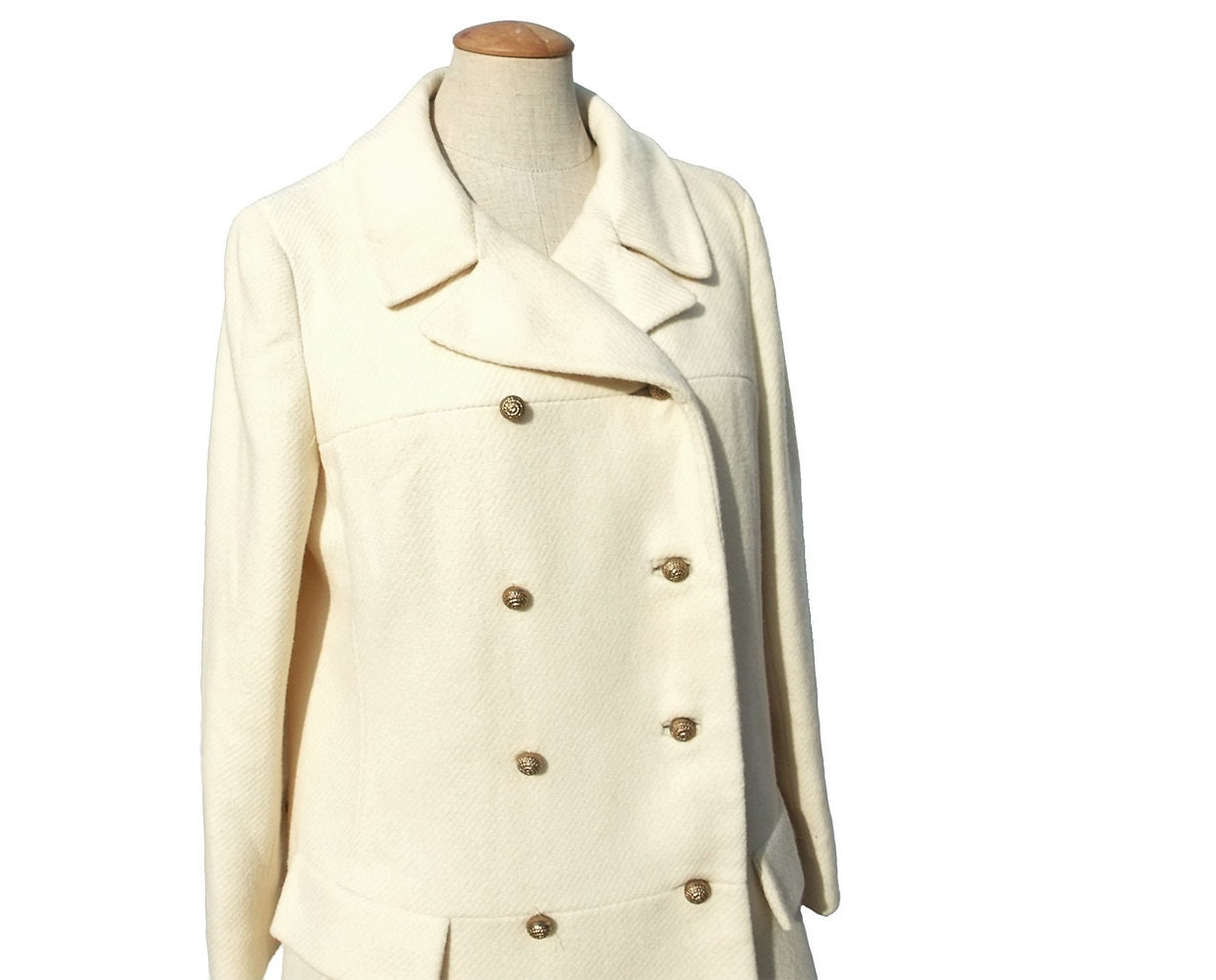 60s Vintage Wool Coat Ivory Winter White Double Breasted Medium Large - mysweetiepiepie