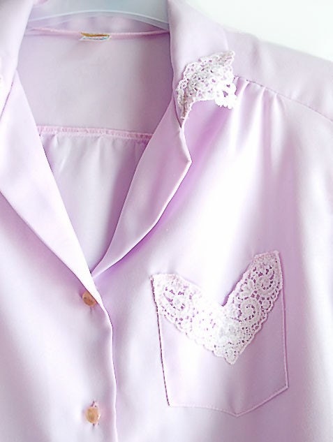 1980s Vintage Lavender Blouse White Lace Sexy Secretary Medium Large