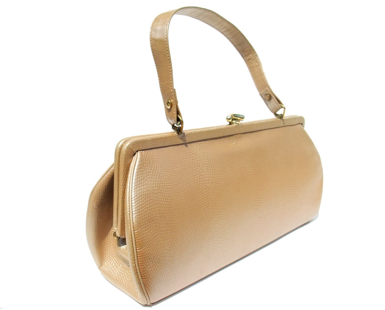 Vintage 60s Purse Gold Faux Snakeskin Rockabilly Handbag Pearly Metallic