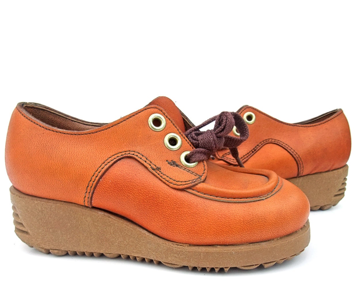 Reserved - please do not buy - Vintage Shoes 70s Platform Wedge Heel Rust Leather Child Boy Girl